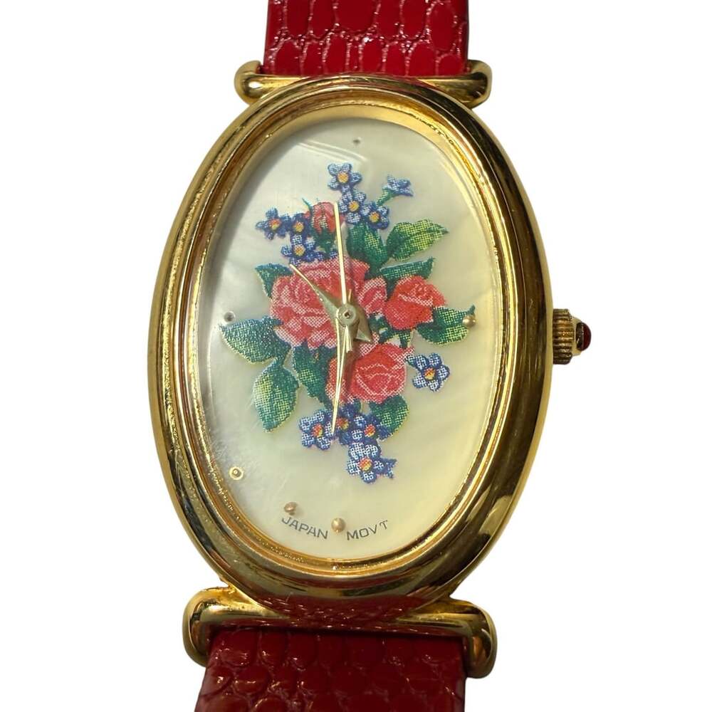 Avon Vintage Floral Dial Watch Red Leather Strap Gold Tone